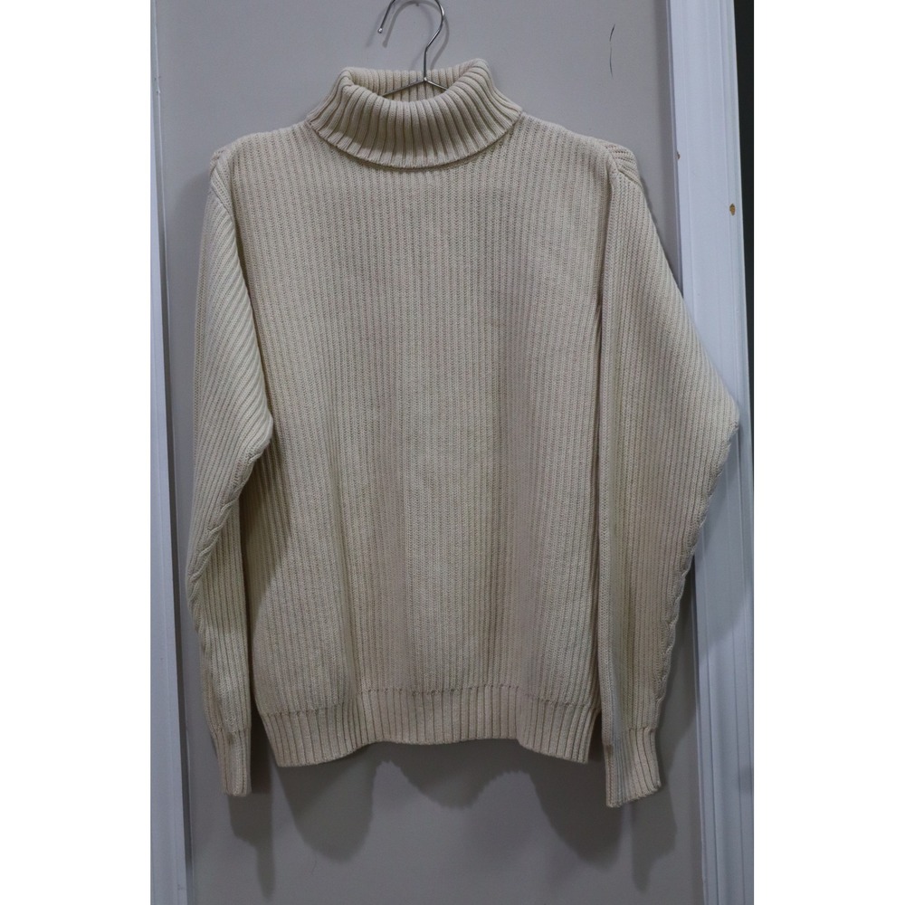 LL Bean Mens Cream Ribbed Turtleneck Sweater 100% Cotton Medium Reg